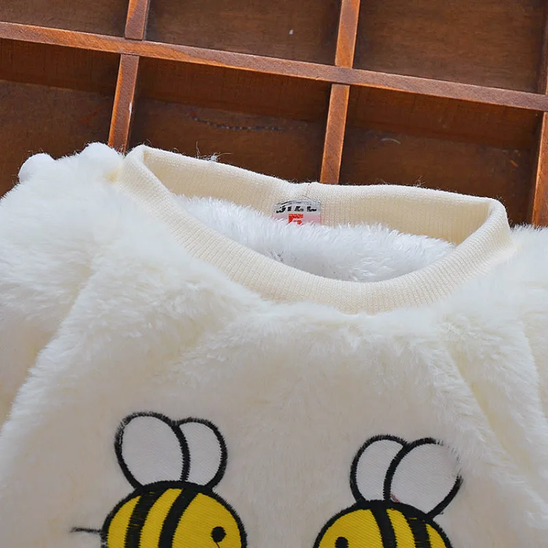 Toddler Girls Cute Cartoon Bees Embroidery Warm Flannel Pullovers Long Sleeve Winter Warm Flocking Hoodies Sweet Tops