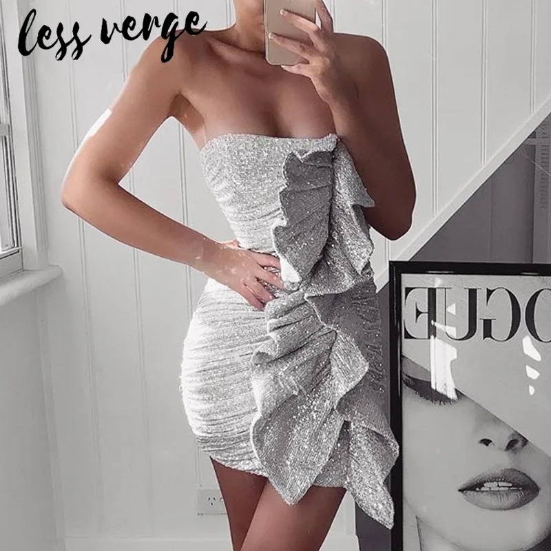 Lessverge без бретелек гофрированное сексуальное платье с блестками для вечеринки женское короткое тонкое облегающее рождественское платье элегантное вечернее Клубное черное платье