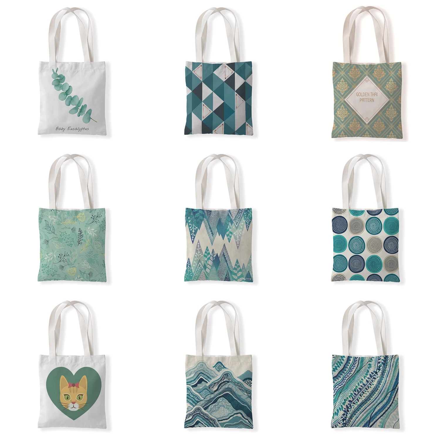 

Blue Green Geometric Ladies Shopper Bags Handbag Cat Wave Canvas Shopping Bags Totes Large Capacity