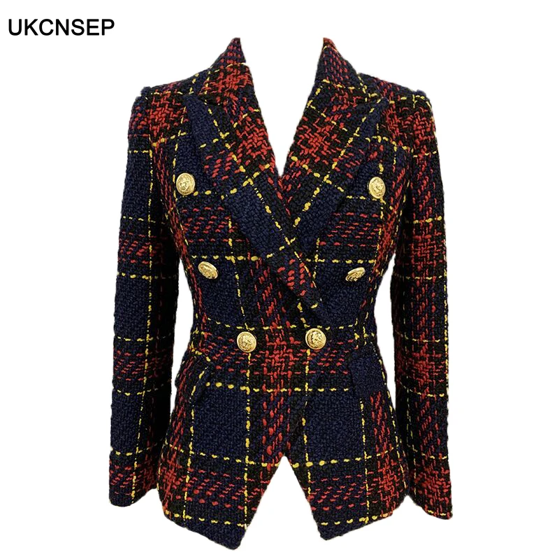 

Newest 2020 Designer Jacket Women's Lion Buttons Double Breasted Slim Fitting Plaid Tweed Blazer