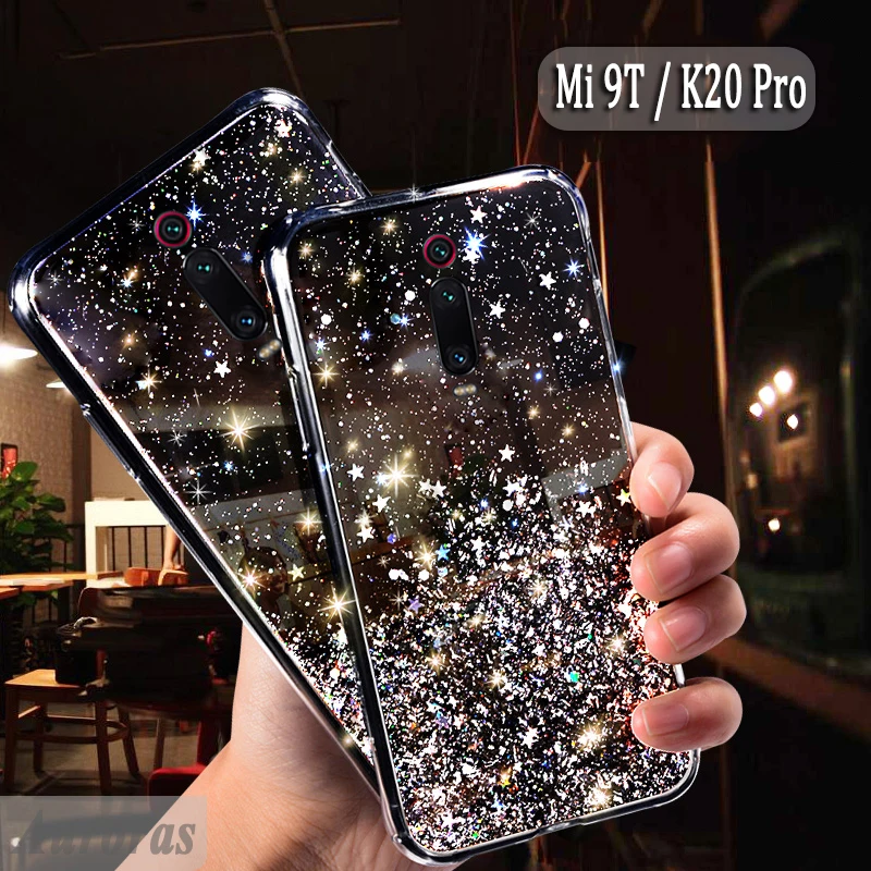 

Auroras For Redmi K20 Pro Glitter Bling Sequins Case For Xiaomi Mi 9T Starry Sky Transparent Soft Case Cover Full Stars Moon