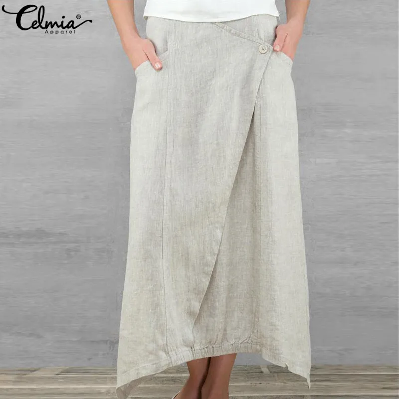 Vintage Women Maxi Skirts Summer Celmia Casual Loose High Waist Asymmetrical Linen Skirt Plus Size Long Pleated Beach Skirt