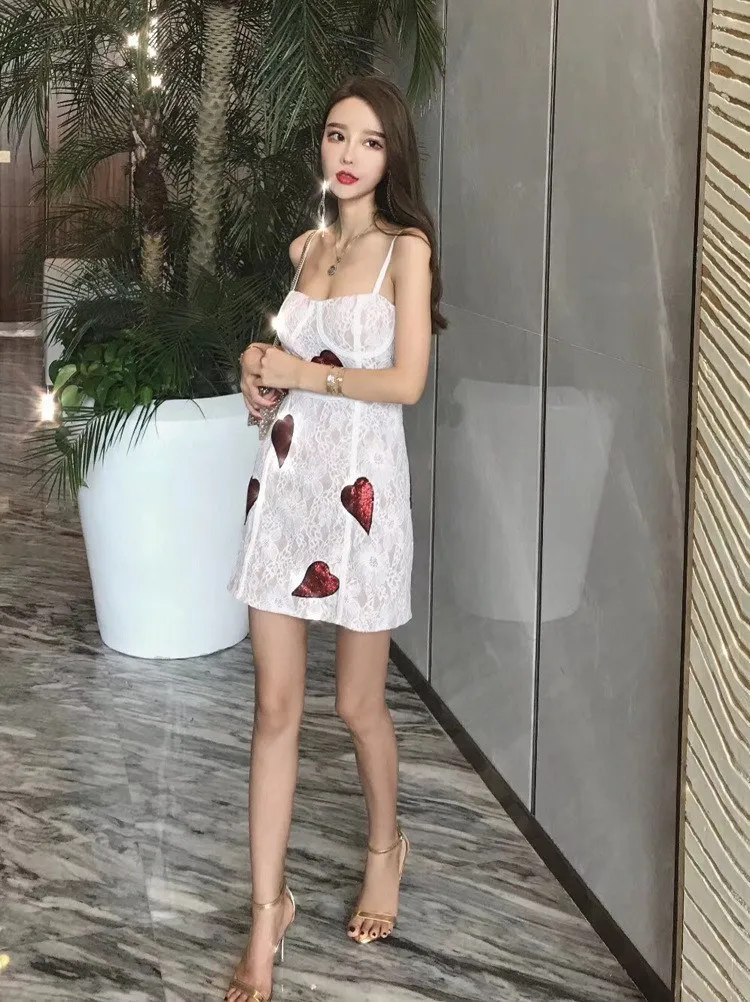 Fashion Women Sexy Backless Lace Dress Straight Elegant Heart Sequins Mini Dresses Fashion Strapless Spaghetti Strap Dresses