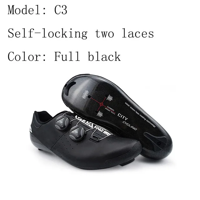 C3 full black Обувь для езды на велосипеде в городе, теплоизоляционная, 3 K, углеродное волокно, дорожный велосипед, кроссовки с пряжкой или 1/2 шнурки, самофиксирующиеся, термопластичный велосипед - Цвет: C3 full black