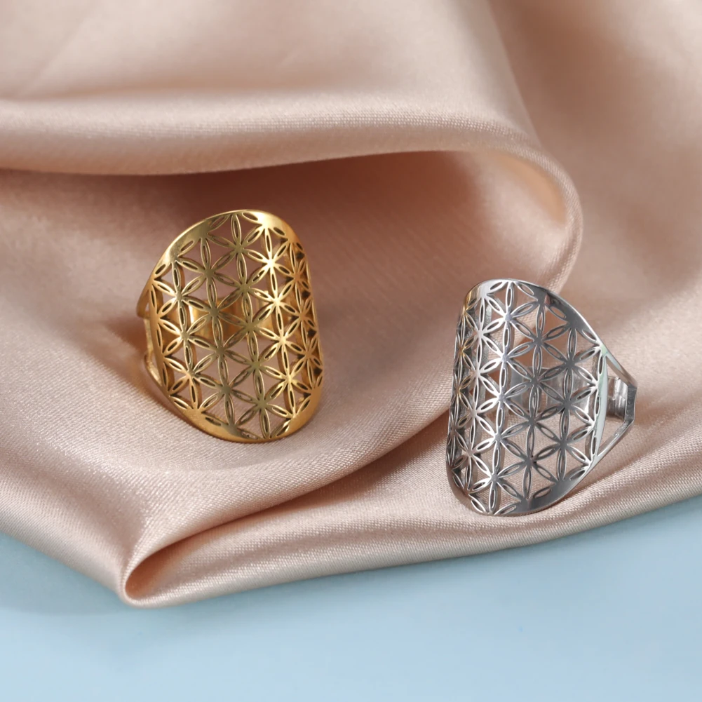 Skyrim Flower of Life Ring Vintage Adjustable Stainless Steel Sacred Geometry Rings For Women Amulet Jewelry Gift