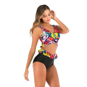 

New Print Summer Swimwear Plus Size Two Piece Bikini Set Low Cut Bathing Suit Floral Print Plus Size Women Ruffle Swimsuit