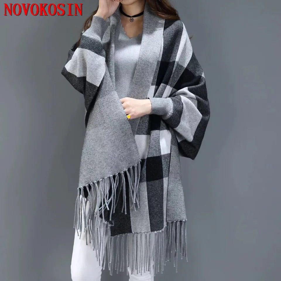 Women Hot Oversize Lattice Scarf Winter Knitted Plaid Poncho Capes Female Batwing Sleeves Tassel Long Wrap Out Streetwear Coat 2022 oversize cloak winter faux fur collar women plaid designer poncho female batwing sleeves warm loose street coat