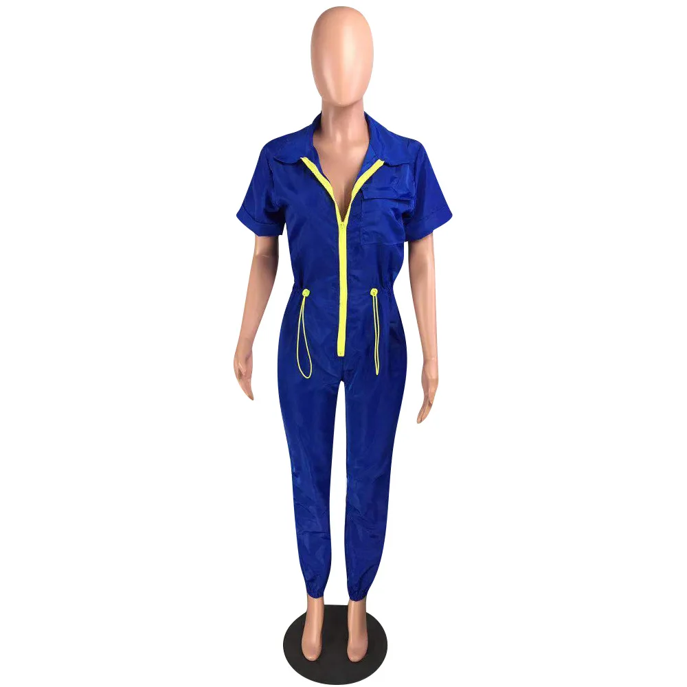 Синий HAOYUAN Casual Short Sleeve Jumpsuit Fall Tracksuit Zip Turn Down Collar Fashion One Piece Outfit Rompers Womens Jumpsuit - Цвет: Синий