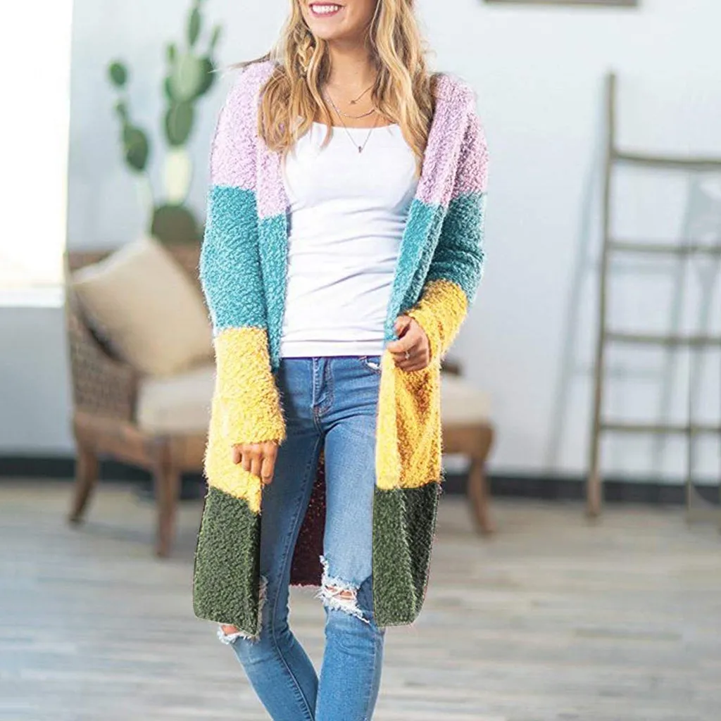 Jaycosin Fashion Autmn Winter Women Casual Splice Knitted Cardigan Sweater Long Sleeve Comfortable Soft Leisure Pullover 21#4