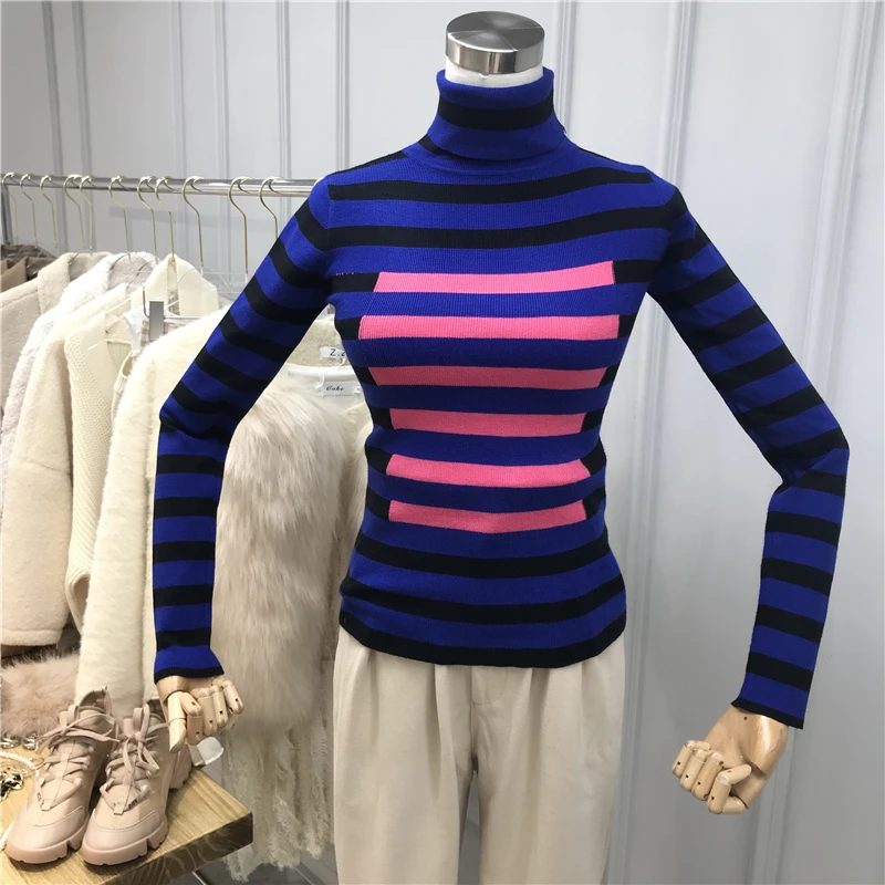 ALPHALMODA; Новинка года; модный свитер контрастного цвета в полоску; водолазка с длинными рукавами; универсальная нижняя рубашка