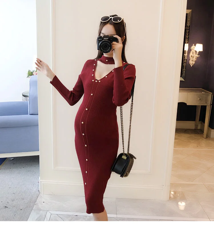 Осенне-зимнее модное платье для беременных новое трикотажное платье для мамы корейский вариант вязаного свитера для беременных