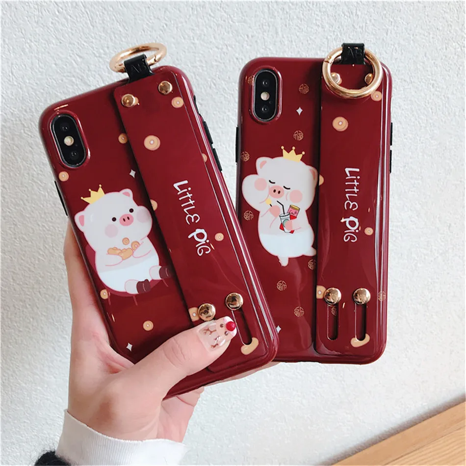

11 Pro X XS XR Max 6 7 8 Plus Crown Little pig Phone Case Cover For iPhone Soft silicone Protective shell with RingHolder