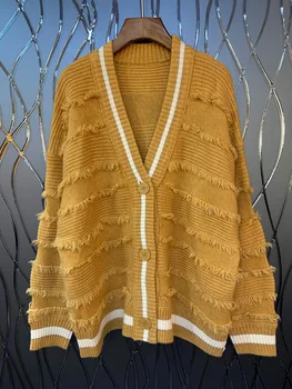 

2019 New Elegant Fashion V - Neck Tassel Wool Women Cardigans Two Colors Mustard Yellow & Pink Free Shipping