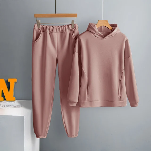 Two Piece Set Casual Fleece Tracksuit Women Winter 2021 Women's Sets Oversized Hooded Long Sleeve Hoodie Sport Pants Lady Suit 01 Dark Pink