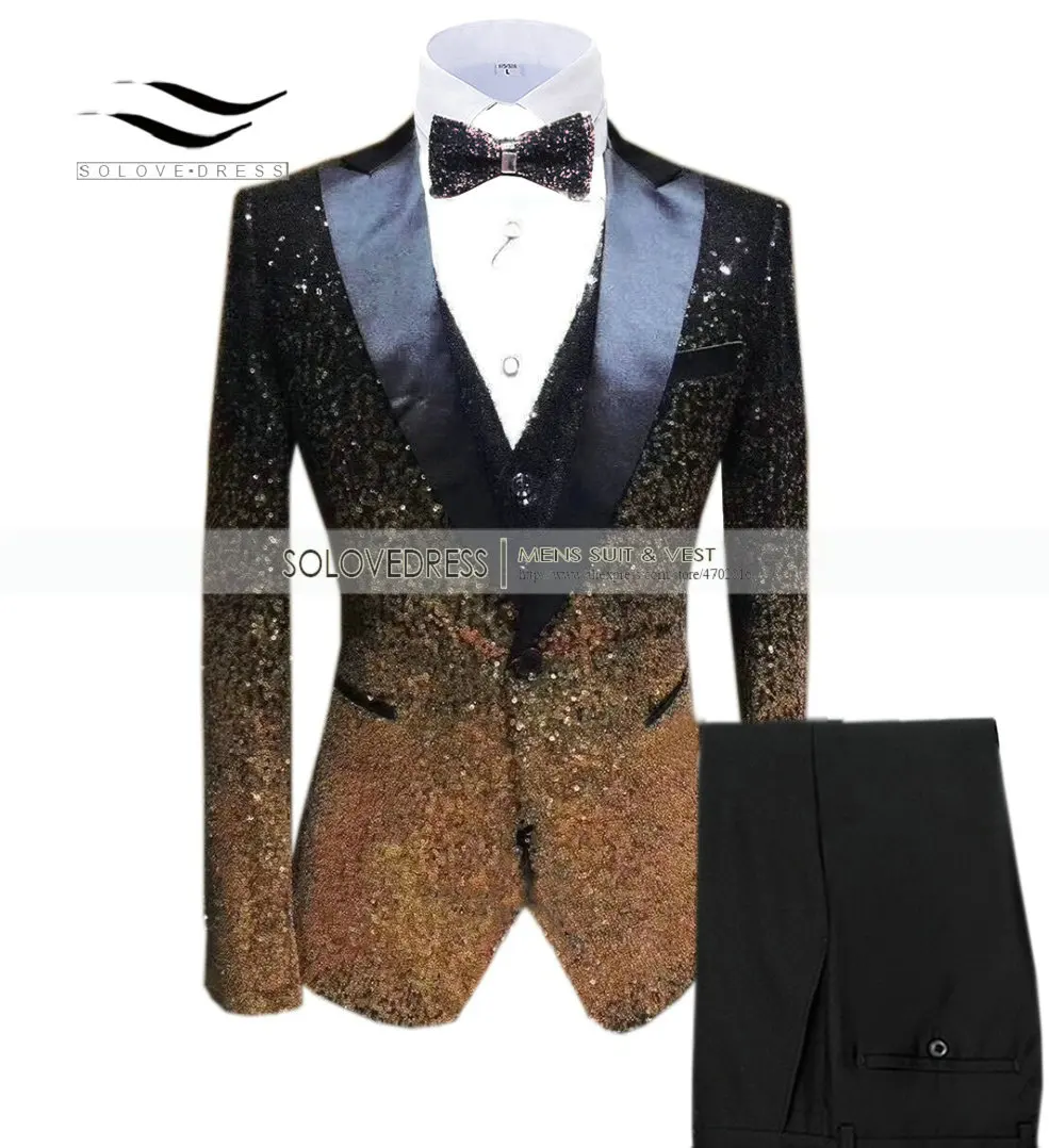 Black-Gold Solovedress мужской костюм, расшитый пайетками модный градиентный цвет вечерние смокинги для сцены с пиковым отворотом 3 штуки винтажный Блестящий бордовый фрак - Цвет: Black-Gold