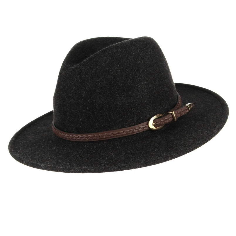 GEMVIE New Wide Brim Wool Women Fedora With Buckle Leather Band Felt Hat New Warm Autumn Winter Panama Jazz Cap
