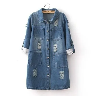 

Women Spring And Autumn Loose Broken Hole Denim Dress S-5XL