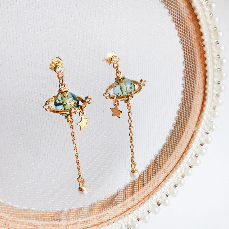 

Imported Japanese glaze Glass Beads Planet Earring Copper Plated 18K Gold Tassel Saturn Dangle Earrings for women Girl Jewelry