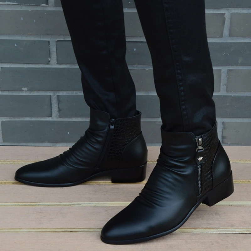 Modne botki męskie wysokie góry Zip garnitur buty czarne buty do sukienki jesienne buty męskie skórzane buty Zapatos man hombre