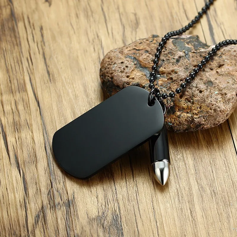 Гравировка армейский Стиль Мужская открытая пуля Dog Tag подвеска ожерелье с байкером мужские ювелирные изделия из нержавеющей стали 24 дюйма цепи