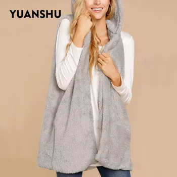 

YUANSHU Autumn Solid Faux Fur Women Vest Loose Open Stitch Hooded Waistcoat Casual Sleeveless Warm Vest Outwear Plus Size