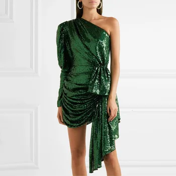 

2020 Spring Fashion New Niche Design One-shoulder Drop Sequins Pleated Irregular Short Mini Dress