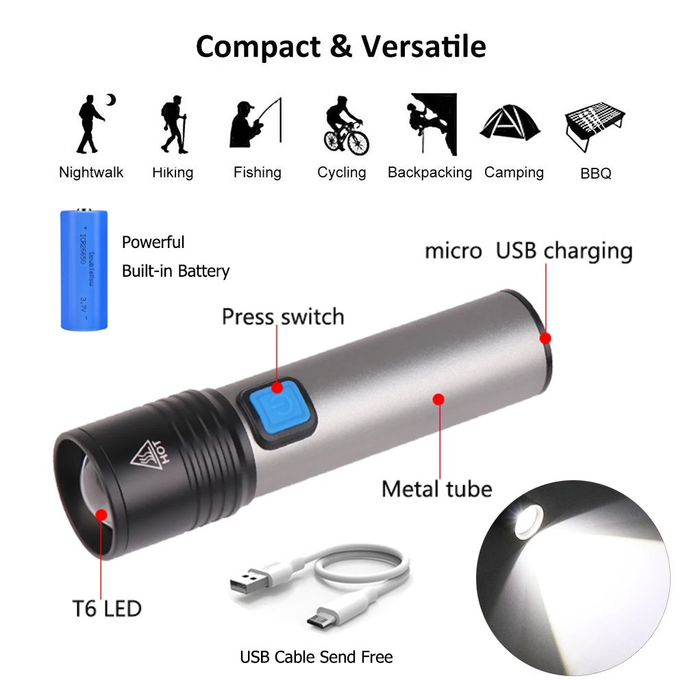 3000 лм USB Перезаряжаемый светодиодный светильник-вспышка с Т6 светодиодный встроенный литиевый аккумулятор водонепроницаемый походный светильник масштабируемый фонарь