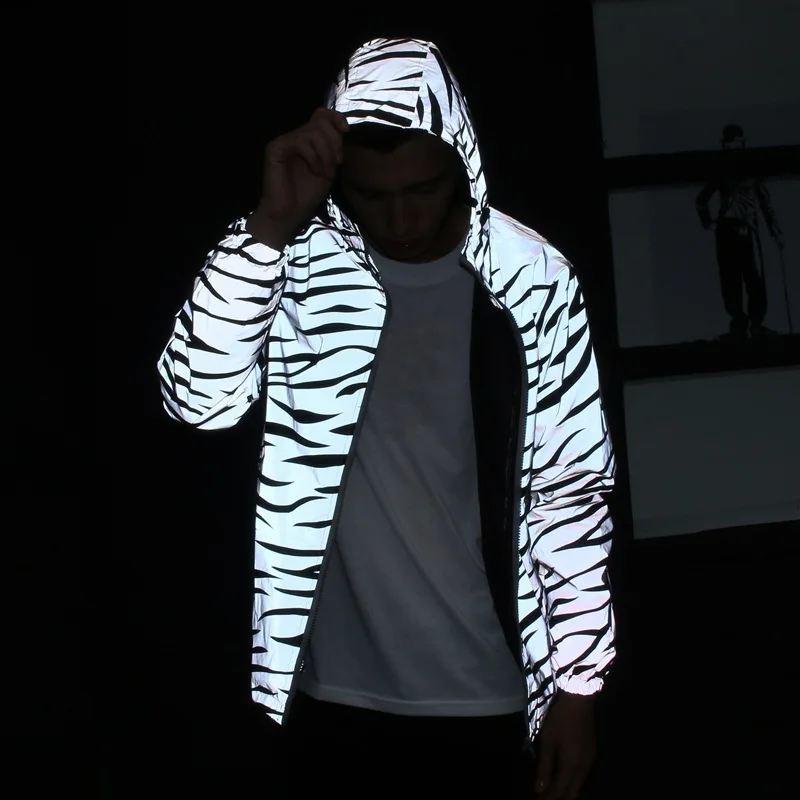 awesome  Couple Wear Women Autumn BF Style Reflective Light Luminous Zebra Pattern Stripe Hooded Jacket Hara