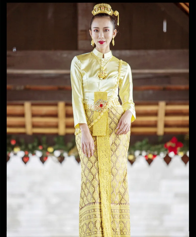 

Thailand Traditional Clothing for Women Stand Collar Long Sleeve Gold Tops Phasin Restaurant Cashier Overalls Thai Dress