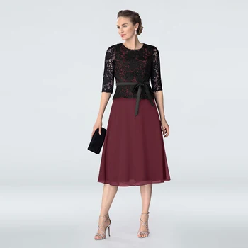 

Elegant Black Short Lace Jewel Neck Mother of the Bride Dresses Tea Length Bow Belt Three Quarter Sleeve Wedding Party Dresses