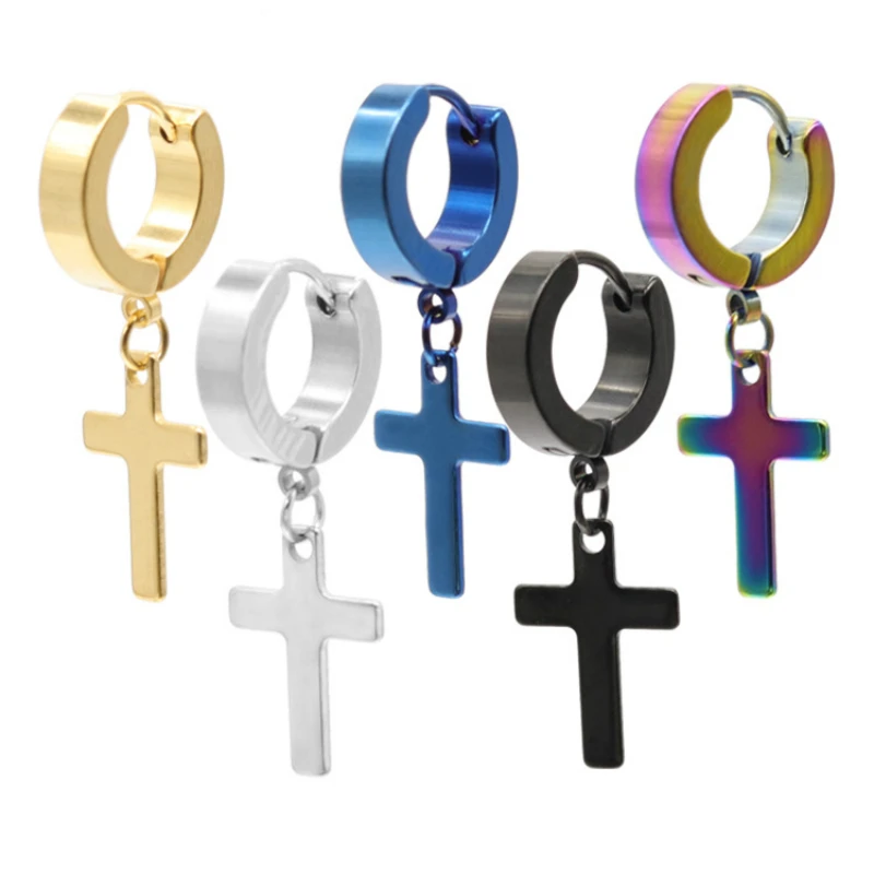 BTS-885 Single Stainless Steel Cross Pendant Earrings Men 2020 New Gold/Silver Color/Black Boys Fashion Punk Jewelry | Украшения и