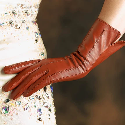 leather brown Бренд KLSS, женские перчатки из натуральной кожи, высокое качество, перчатки из козьей кожи, тренд 30 см, длинные элегантные женские перчатки из овчины 838 - Цвет: leather brown