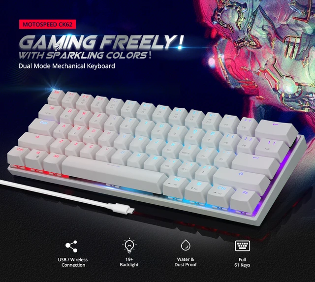 Motospeed CK62 Wired/Wireless Bluetooth Mechanical Keyboards 61 Keys RGB LED Backlit Gaming Keypad for Win iOS Android Laptop PC 2