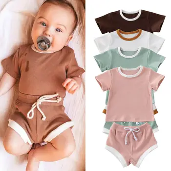 

2020 New Baby Boys Girls Summer Clothing Newborn Kids Baby Girls Ribbed Knitted Short Sleeve T-shirts+shorts Tracksuits Sets