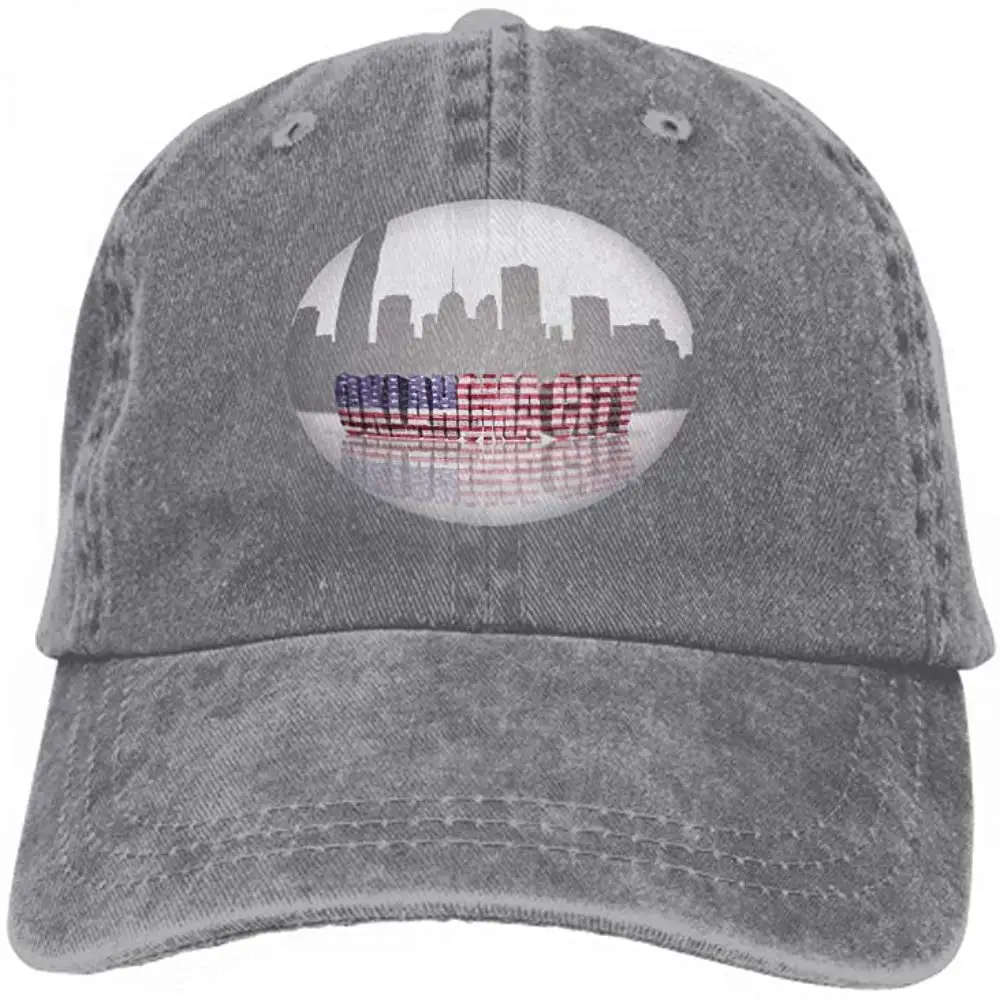 Винтаж из джинсовой ткани регулируемая бейсбольная кепка Спортивная Кепка-тракер Бейсбол шляпа вид Оклахоме слово Национальный флаг США около Skyline silho серого цвета