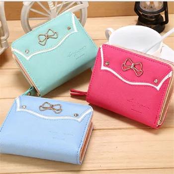 

Women Short Bow Wallet PU Leather Lady Money Purse Zipper Candy Color Women Mini Wallet Cute Credit Card Holder Coin Wallet