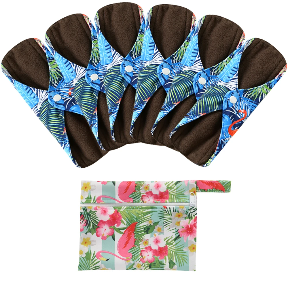 Soft Washable Charcoal Bamboo Menstrual Pad Incontinence Pads Reusable Sanitary Napkins 6Pcs Pads & 1 FREE Waterproof Wetbag
