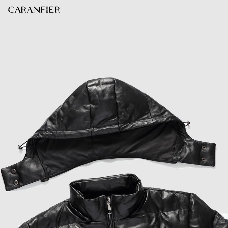 CARANFIER Mens Winter Warm Black Genuine Leather Real Lambskin Duck Down Hooded Jackets Coats Jaqueta De Couro Deri Ceket