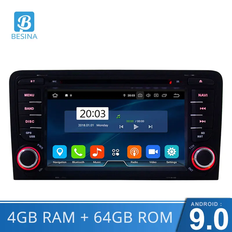 Sale Besina 2 Din Car Radio Android 9.0 Car DVD Player For AUDI A3 S3 2002-2011 GPS Navi Steering Wheel Multimedia Auto Audio Canbus Video Stereo WIFI 4G RAM 64G ROM 0