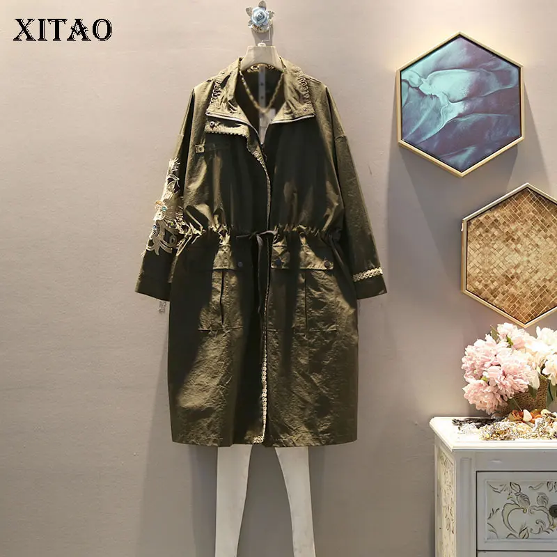

XITAO Vintage Pleated Trench Women Fashion New 2019 Autumn Elegant Embroidery Wide Waist Hooded Collar Pocket Coat WLD2944