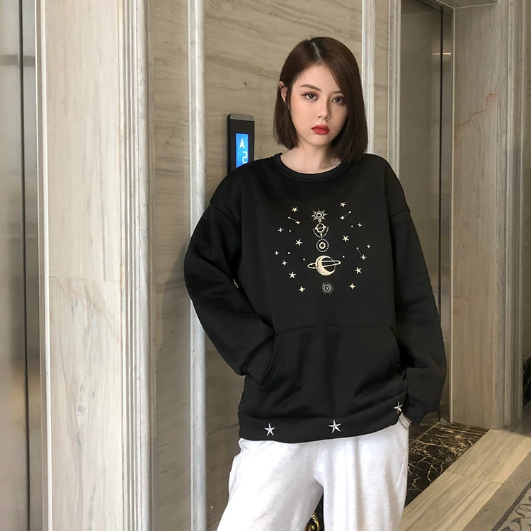 Harajuku флисовая толстовка с капюшоном забавная планета вышивка женская толстовка осень зима теплый Графический хип хоп толстовки Женская черная одежда