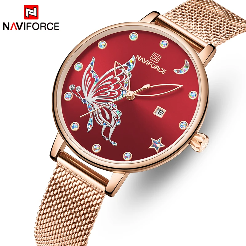 Часы NAVIFORCE женские из розового золота брендовые Модные кварцевые наручные с