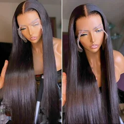 300% Density Long Straight Lace Front Wig Human Hair Pre Plucked With Transparent Lace 13X4 Glueless Brazilian Hair Wigs 32 Inch