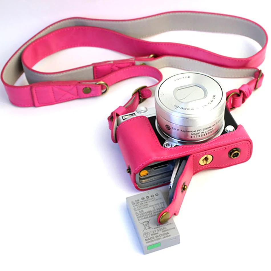Роскошный чехол для камеры из искусственной кожи для Nikon 1 J5 1J5 10-30 мм Крышка для объектива камеры сумка с ремешком из искусственной кожи+ открытая батарея напрямую - Цвет: Rose Red