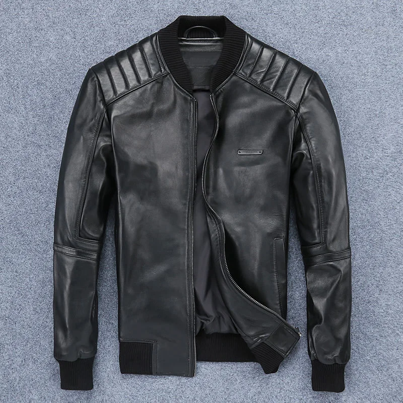 Мужская зимняя куртка из натуральной овечьей кожи для мужчин, мотоциклетная летная куртка-бомбер из натуральной кожи - Цвет: Черный