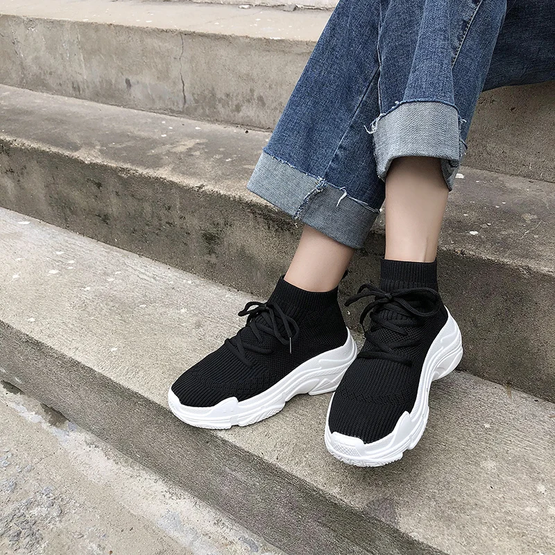 Bjakin Breathable Women Stretch Fabric Socks Outdoor Women Sports Shoes Platform Elastic Sneakers High Top Female Walking Boots