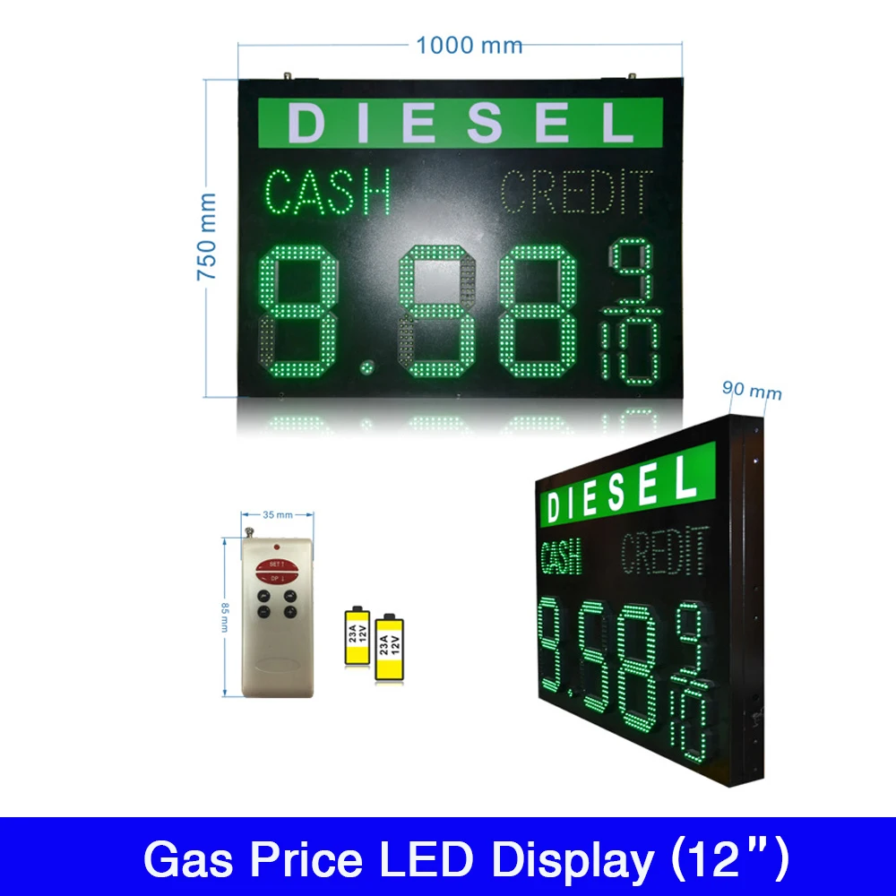 

custom made High Brightness 12" inch Green color 8.88 9/10 Gas Station LED Display Sign Iron cabinet Material waterproof IP65