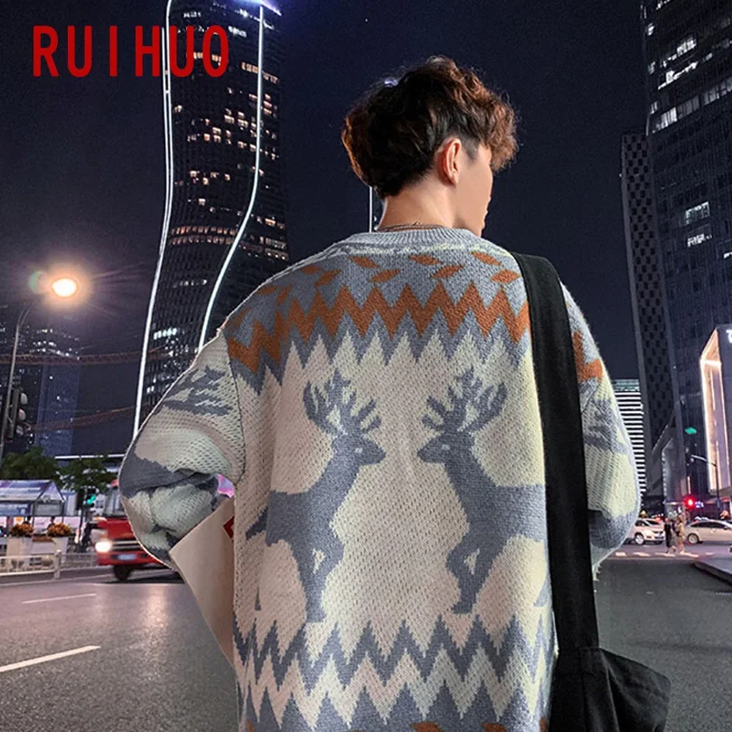 RUIHUO зимний мужской свитер с принтом оленя, Уродливый Рождественский свитер, мужское зимнее пальто, пуловер и свитеры для мужчин, осенняя одежда, XXL