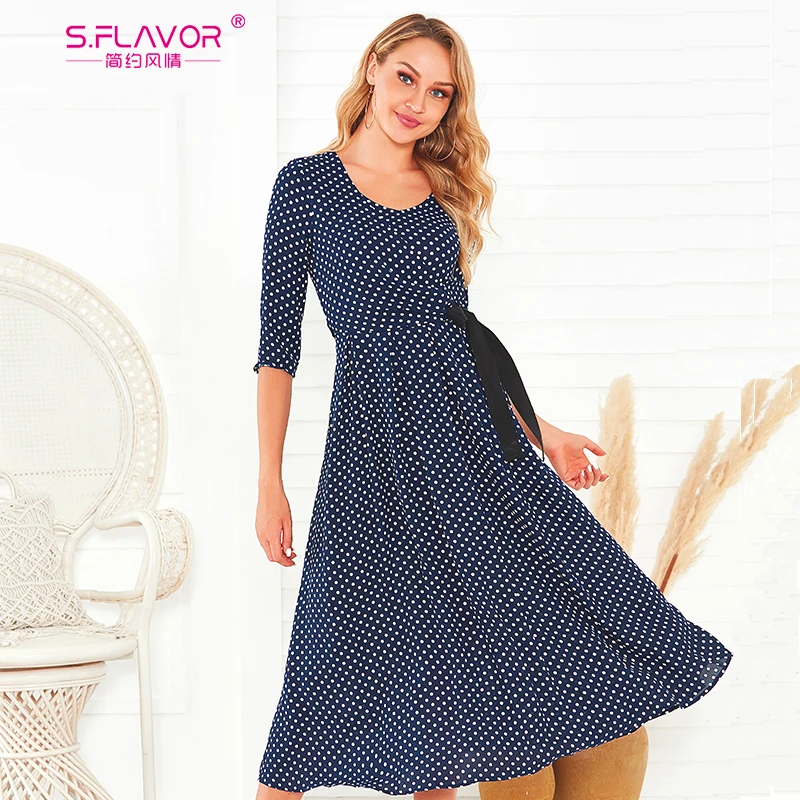 

S.FLAVOR Autumn Winter Vintage Dress 2019 Fashion Three Quarter Sleeve O-neck Polka Dot Dress Elegant A-line Party Vestidos