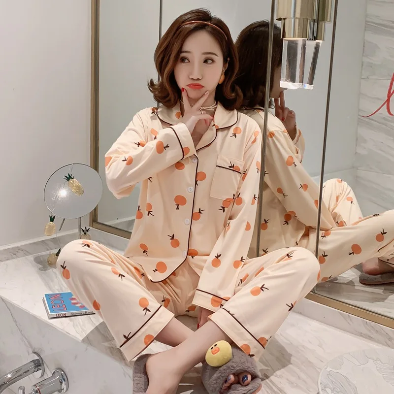 

Pajamas Women's Spring And Autumn Long Sleeve Korean-style Fresh Students Cardigan Two-Piece Set Sweet Little Fold-down Collar A